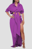 Pink Sexy Solid Tassel Bandage Patchwork Asymmetrical Turndown Collar Long Sleeve Two Pieces