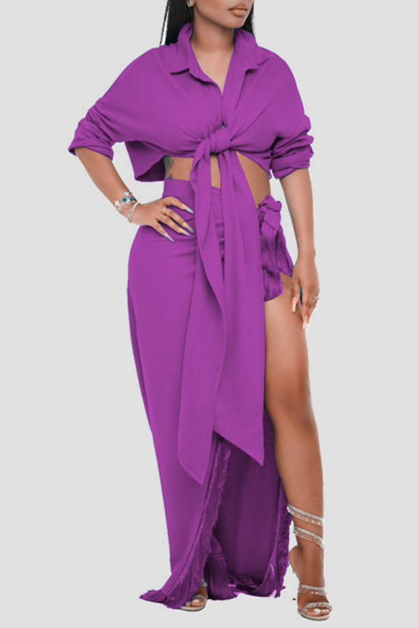 Фиолетовый сексуальный однотонный бандаж с кисточками в стиле пэчворк, асимметричный отложной воротник с длинным рукавом, две штуки