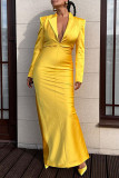 イエロー ファッション カジュアル ソリッド パッチワーク ターンダウン カラー ロング スリーブ ドレス