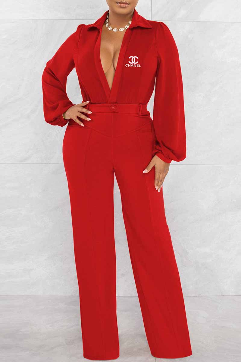 

Red Fashion Sexy Print Letter V Neck Jumpsuits