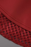 Vestidos de manga comprida de retalhos de moda vermelha e vazados transparentes com gola O