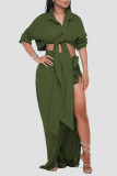 Green Sexy Solid Tassel Bandage Patchwork Asymmetrical Turndown Collar Long Sleeve Two Pieces
