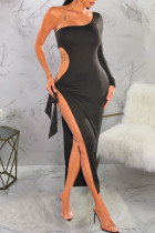 黒のセクシーな固体包帯中空アウト パッチワーク スリット斜め襟ペンシル スカート ドレス