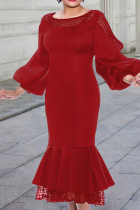赤いファッションパッチワークソリッドくり抜かれたシースルーOネック長袖ドレス