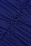 Vestidos de falda de un paso con cuello en V y pliegues sólidos casuales de moda azul