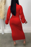 Robes de jupe en une étape rouge décontracté solide patchwork pli fermeture à glissière col à glissière