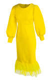 Vestido de noite amarelo fashion sexy de patchwork sólido com miçangas O pescoço manga longa
