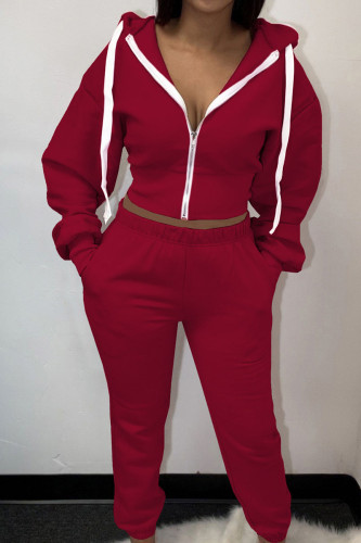 Burgundy Casual OL Long Sleeve Crop Sweatshirt And Pants Sportwear Two Piece Jogger Set