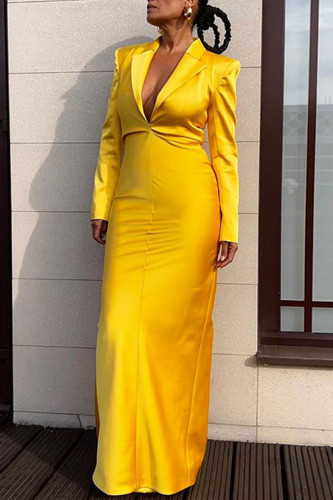 Yellow Fashion Casual Solid Patchwork Turndown Collar Long Sleeve Dresses