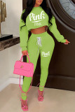 Light Green Fashion Casual Letter Print Bandage Backless Hooded Collar Long Sleeve Two Pieces