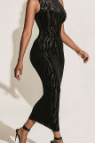 ブラック ファッション セクシー プリント パッチワーク シースルー O ネック ペンシル スカート ドレス