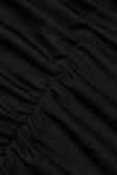 ブラックファッションカジュアルソリッドフォールドVネックワンステップスカートドレス