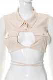 Pink Sexy Casual Solid Bandage Hollowed Out Backless Turndown Collar Tops