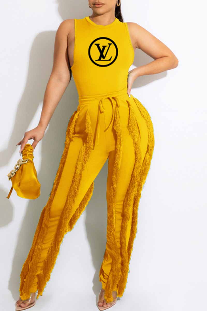 

Yellow Fashion Elegant Print Tassel Letter O Neck Sleeveless Two Pieces