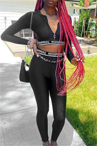 Black Fashion Casual Sportswear Letter Patchwork Zipper Collar Long Sleeve Two Pieces