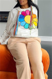 White Fashion Casual Print Patchwork Hooded Collar Tops