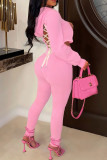 ピンク ファッション カジュアル レター プリント バンデージ バックレス フード付き 襟 長袖 XNUMXピース