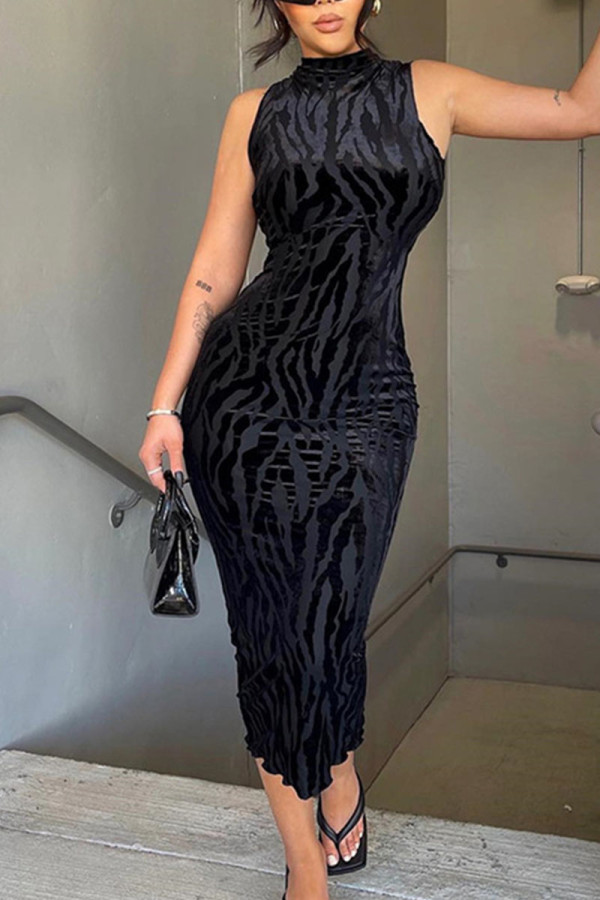 Vestidos de falda de lápiz con cuello en O transparente de patchwork con estampado sexy de moda negro