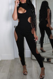 Black Sexy Casual Solid Hollowed Out O Neck Skinny Jumpsuits