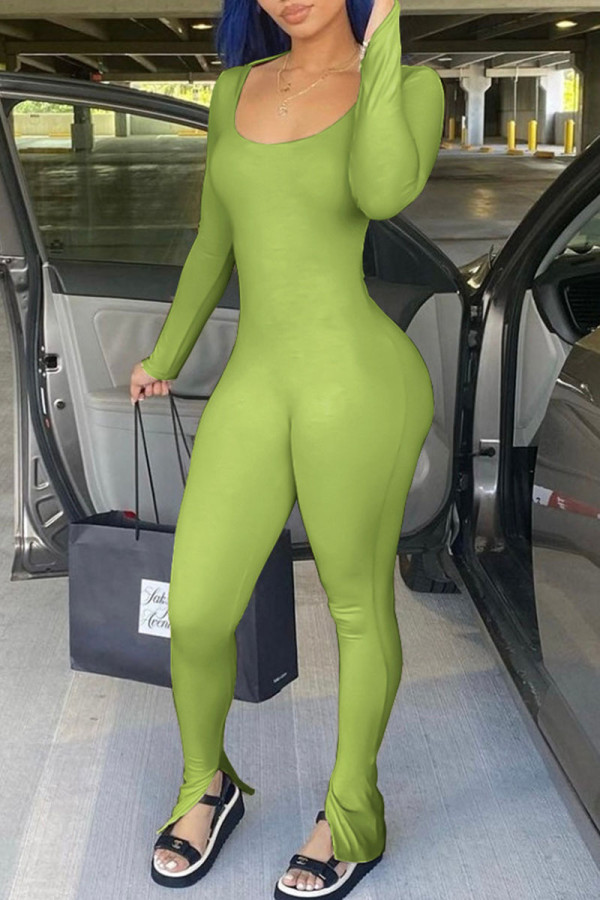 Macacão skinny verde sexy patchwork sólido sem costas e decote em U