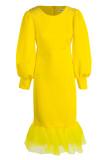 Желтое модное сексуальное твердое лоскутное вечернее платье с круглым вырезом и длинным рукавом