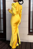 Желтые модные повседневные однотонные лоскутные платья с отложным воротником и длинными рукавами