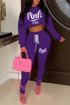 Purple Fashion Casual Letter Print Bandage Backless Hooded Collar Long Sleeve Two Pieces