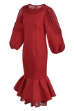 Vestidos de manga comprida de retalhos de moda vermelha e vazados transparentes com gola O