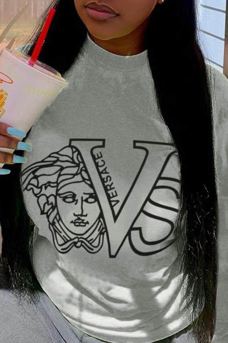 

Grey Fashion Street Print Patchwork Letter O Neck Tops