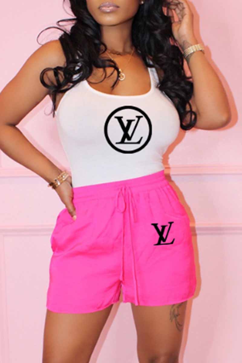 

Rose Red Fashion Casual Print Letter U Neck Sleeveless Two Pieces