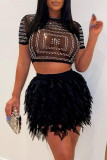 Black Fashion Sexy Patchwork Hot Drilling See-through O Neck Short Sleeve Two Pieces