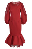 Röd Mode Patchwork Solid urholkad genomskinlig O-hals långärmade klänningar