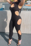 Zwarte sexy casual effen uitgeholde skinny jumpsuits met o-hals