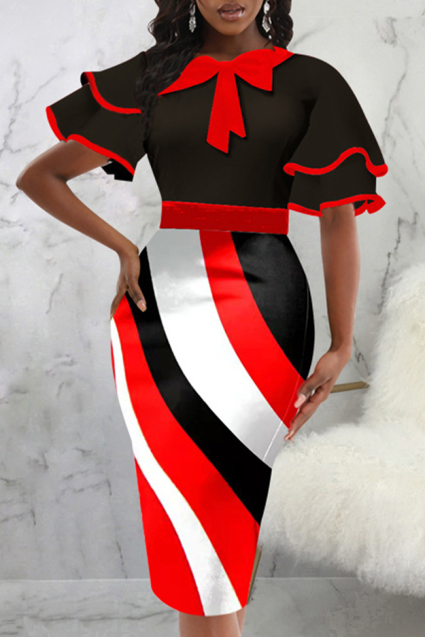 ブラック ファッション ソリッド パッチワーク O ネック ペンシル スカート ドレス