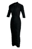 Black Fashion Casual Solid Fold V Neck One Step Skirt Dresses