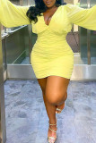 黄色のセクシーなソリッド パッチワーク フォールド V ネック ペンシル スカート プラス サイズのドレス