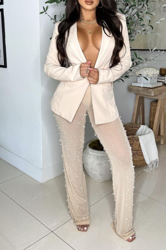Apricot Sexy Patchwork Pearl Turndown Collar Long Sleeve Two Pieces