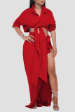 Red Sexy Solid Tassel Bandage Patchwork Asymmetrical Turndown Collar Long Sleeve Two Pieces