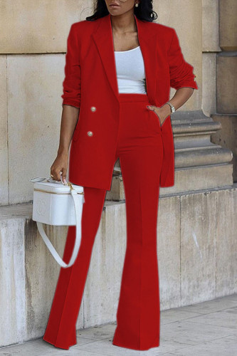 Red Casual Solid Patchwork Buttons Turn-back Collar Long Sleeve Two Pieces
