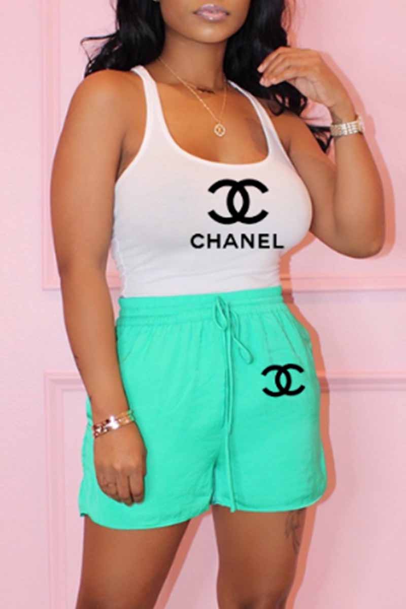 

Cyan Fashion Casual Print Letter U Neck Sleeveless Two Pieces