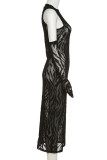 ブラック ファッション セクシー プリント パッチワーク シースルー O ネック ペンシル スカート ドレス