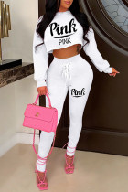 White Fashion Casual Letter Print Bandage Backless Hooded Collar Long Sleeve Two Pieces
