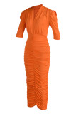 オレンジファッションカジュアルソリッドフォールドVネックワンステップスカートドレス