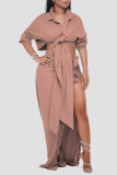 Pink Sexy Solid Tassel Bandage Patchwork Asymmetrical Turndown Collar Long Sleeve Two Pieces