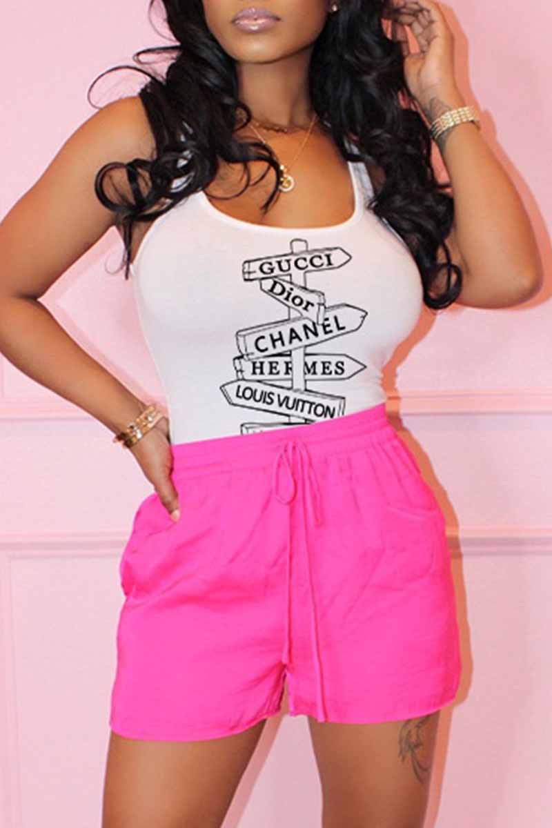 

Rose Red Fashion Casual Print Letter U Neck Sleeveless Two Pieces