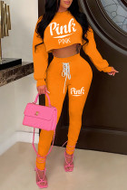 Оранжевый модный повседневный бинт с буквенным принтом и воротником с капюшоном с открытой спиной и длинным рукавом из двух частей