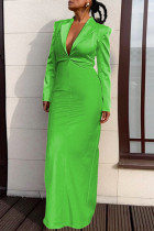 グリーン ファッション カジュアル ソリッド パッチワーク ターンダウン カラー ロング スリーブ ドレス