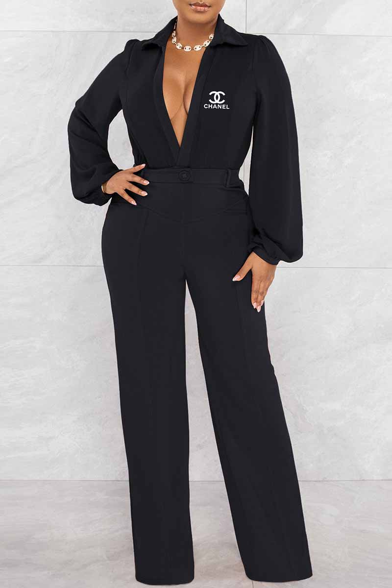 

Black Fashion Sexy Print Letter V Neck Jumpsuits