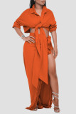 Tangerine Red Sexy Solid Tassel Bandage Patchwork Asymmetrical Turndown Collar Long Sleeve Two Pieces