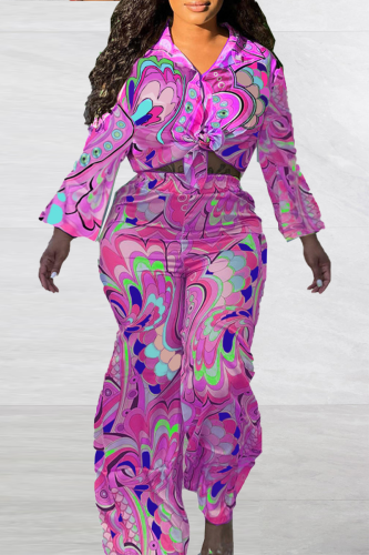 Rose Red Fashion Print Patchwork Turndown Collar Long Sleeve Two Pieces